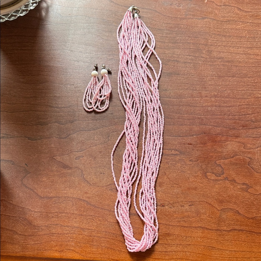 Chic Vintage multi-strand Pink Beaded Necklace and Earring Set eat 1950s